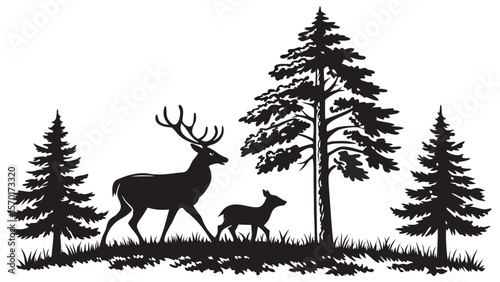 Majestic stag and fawn silhouette walking through pine forest grassland isolated on white background