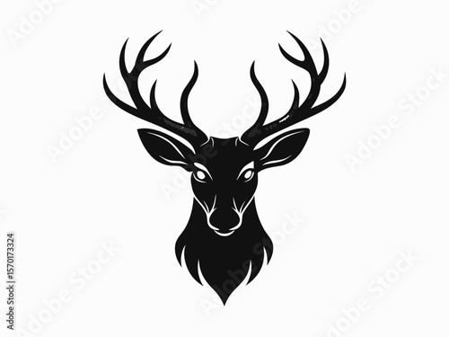 Majestic black stag head with antlers silhouette facing forward isolated on white background