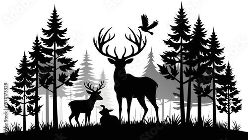 Majestic stag with antlers and deer family in forest silhouette isolated on white background