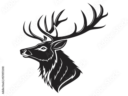 Majestic stag head with large antlers facing left isolated on white background
