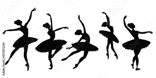 Five elegant ballerinas in black silhouette performing graceful ballet poses isolated on white background