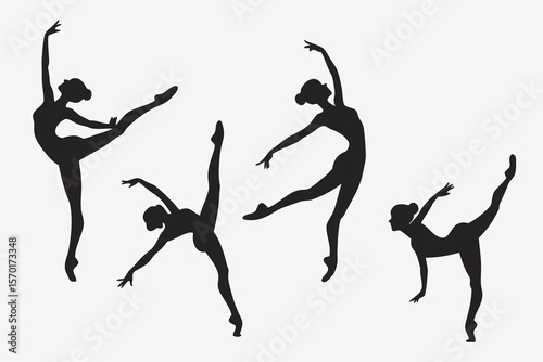 Elegant ballet dancers in silhouette performing graceful poses isolated on white background