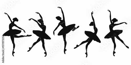 Five black silhouette ballet dancers in various poses performing gracefully isolated on white background
