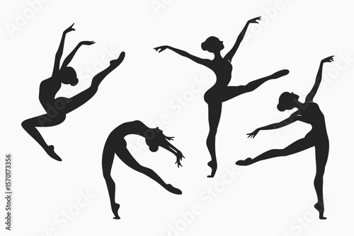 Four elegant ballerinas in graceful poses performing ballet dance isolated on white background