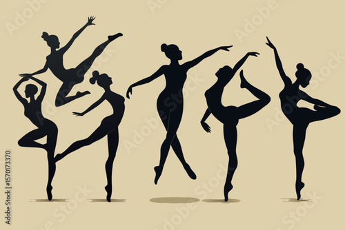 Collection of elegant ballet dancers in various poses performing graceful movements isolated on white background