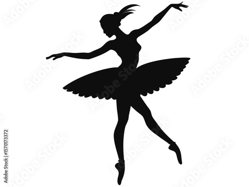 Elegant silhouette of a ballerina performing a graceful pose in a tutu isolated on white background
