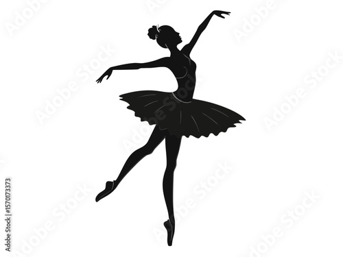 Elegant black silhouette of a ballerina performing a graceful pose in a tutu isolated on white background