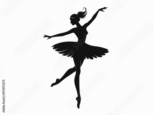 Elegant black silhouette of a ballerina dancing gracefully in a tutu isolated on white background