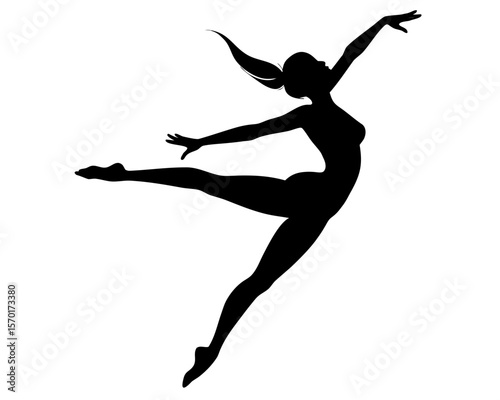 Graceful silhouette of a female dancer in mid leap with arms extended isolated on white background