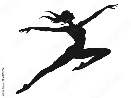 Graceful silhouette of a female dancer in mid leap isolated on white background