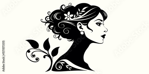 Elegant black silhouette of a woman s profile with ornate hairstyle and floral accents isolated on white background