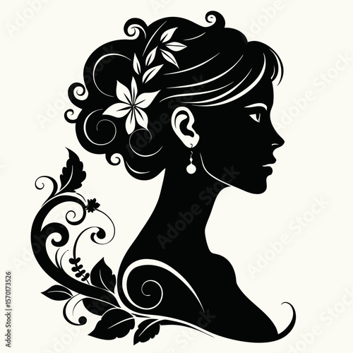 Elegant black silhouette profile of a woman with flowers in her hair and ornate swirls isolated on white background