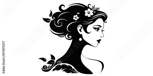 Elegant woman profile silhouette with flowers and leaves isolated on white background