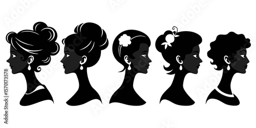 Five elegant black silhouette profiles of women with different hairstyles and jewelry isolated on white background