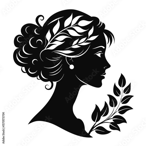Elegant black silhouette profile of a woman with laurel wreath and leaf branch isolated on white background
