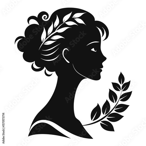 Elegant silhouette profile of a woman with laurel wreath and leaves isolated on white background