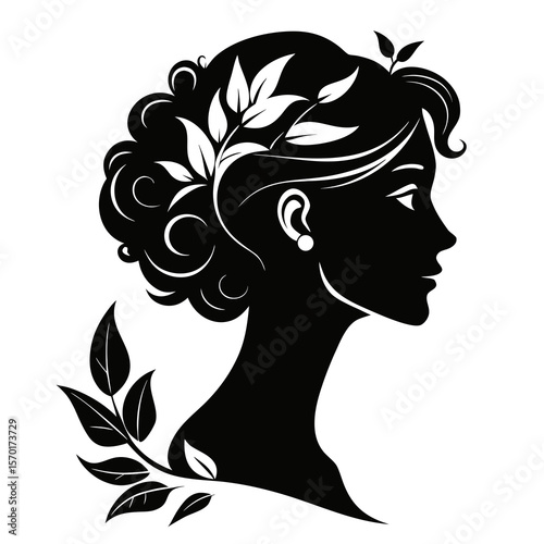 Elegant black silhouette profile of a woman with curly hair and leaves isolated on white background