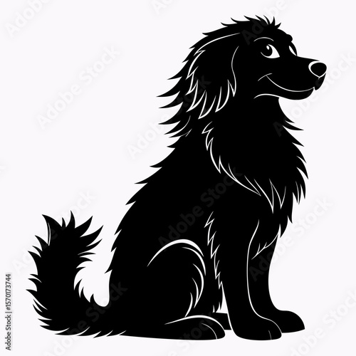 Stylized black silhouette of a happy shaggy dog sitting and looking to the side isolated on white background