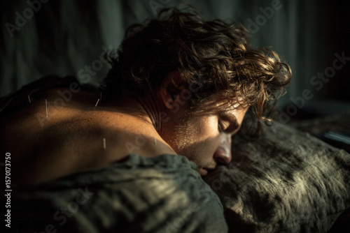 Man lying with acupuncture needles inserted along his back