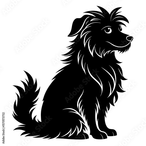 Stylized black silhouette of a fluffy dog sitting attentively and looking to the side isolated on white background