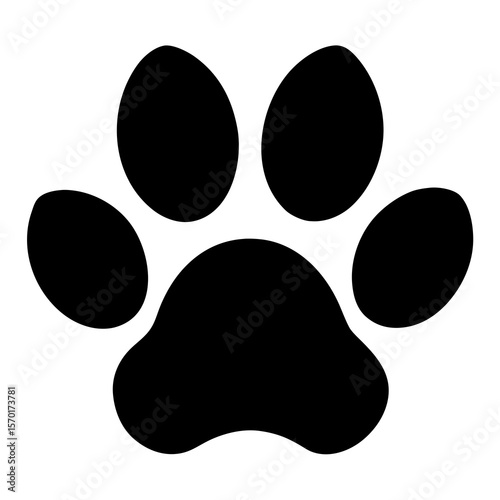 Simple black paw print graphic symbol representing a dog or cat s foot isolated on white background