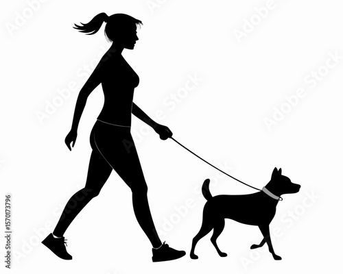 Silhouette of a woman walking her dog on a leash isolated on white background