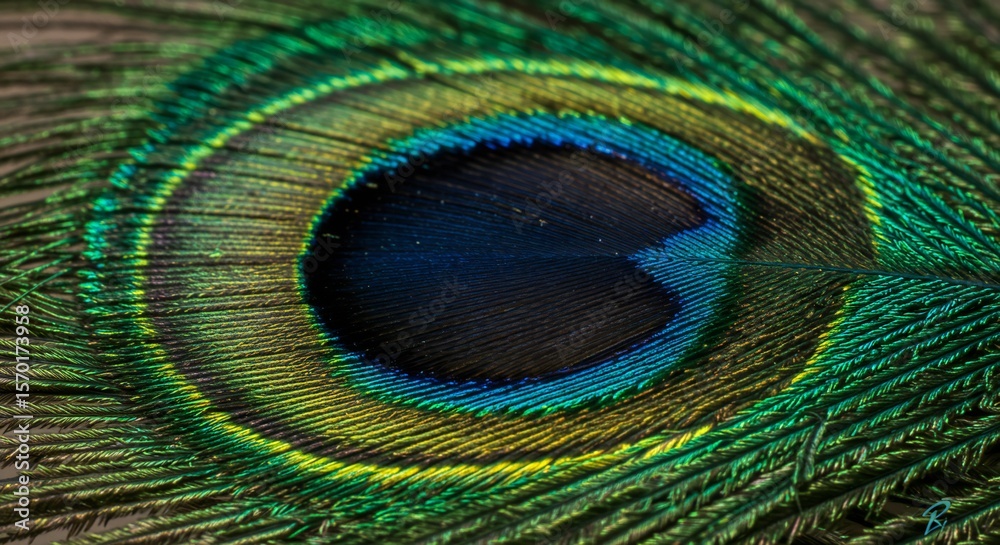 Obraz premium Close-up of a peacock feather, vivid blue and green colors with intricate patterns, soft light enhancing details, minimal background, macro photography style.