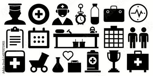 Collection of medical and healthcare icons representing services and professionals isolated on white background