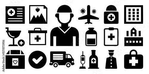Collection of medical and healthcare icons representing services and supplies isolated on white background