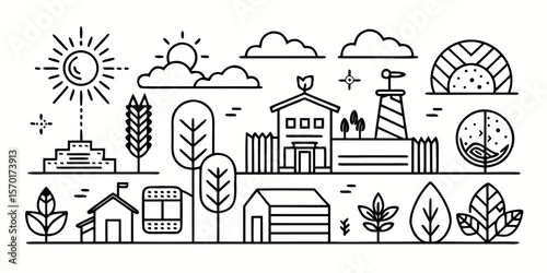 Abstract line art cityscape with sun clouds trees houses and lighthouse isolated on white background