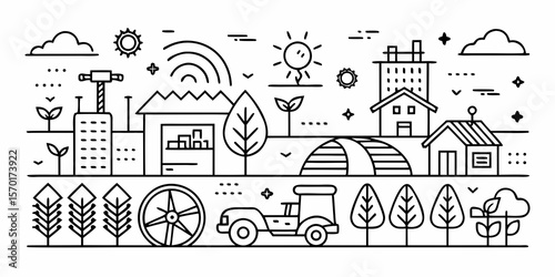 Stylized illustration of a sustainable village with eco friendly elements and modern architecture isolated on white background