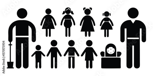 Diverse group of stylized people figures representing family and community relationships isolated on white background