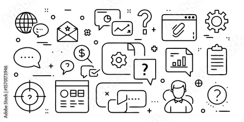 Collection of hand drawn business and finance icons representing strategy communication and analysis isolated on white background