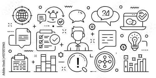 Collection of business and communication icons representing ideas and workflow isolated on white background