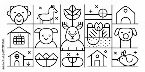 Collection of cute hand drawn farm animals and houses in a grid pattern isolated on white background