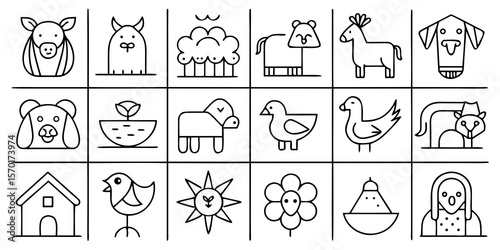 Collection of simple line art icons featuring farm animals and nature elements isolated on white background
