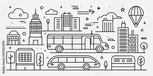 Stylized line art cityscape featuring buses buildings clouds and a hot air balloon isolated on white background
