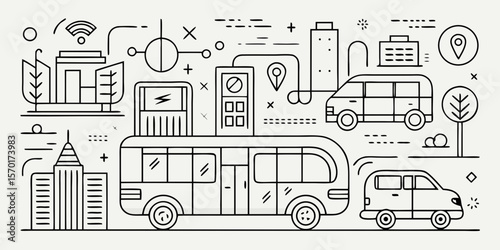 Modern city transportation concept with electric bus cars charging station and buildings isolated on white background