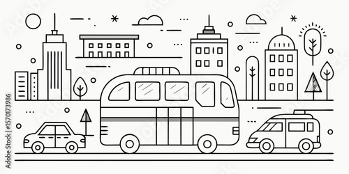 Stylized line art illustration of a city street scene with a bus cars and buildings isolated on white background