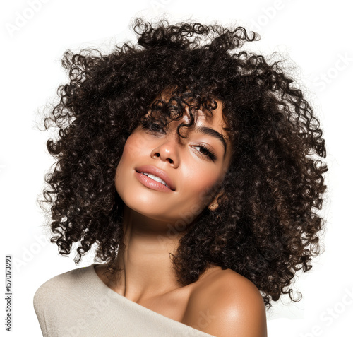 Beautiful curly haired  female model with radiant skin and soft makeup looking confident and relaxed isolated on transparent background. 