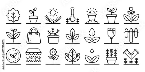 Collection of hand drawn botanical icons representing growth and gardening isolated on white background