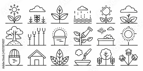 Collection of gardening and nature icons representing growth weather and farming activities isolated on white background