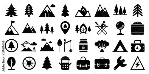 Collection of outdoor camping and adventure icons featuring trees mountains tents and gear isolated on white background