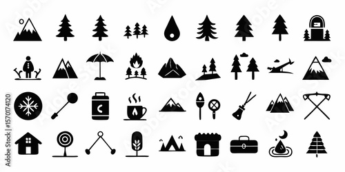Collection of outdoor adventure and camping icons representing nature and activities isolated on white background