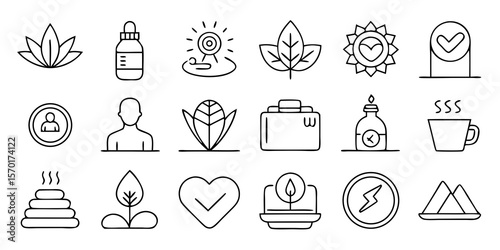 Collection of hand drawn wellness and spa icons representing health and relaxation isolated on white background