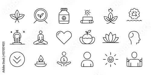 Collection of simple line icons representing health wellness and self care concepts isolated on white background