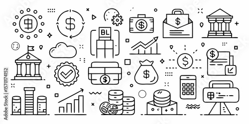 Collection of financial icons representing banking investment growth and business operations isolated on white background