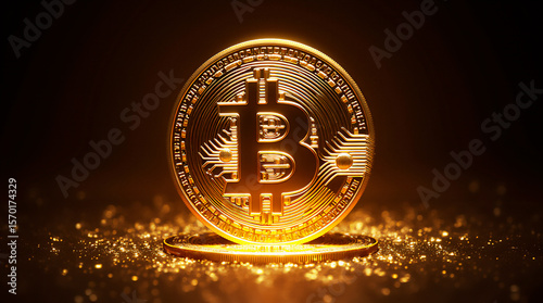 Digital cryptocurrency mining. Vector illustration. Golden coin with bitcoin symbol.