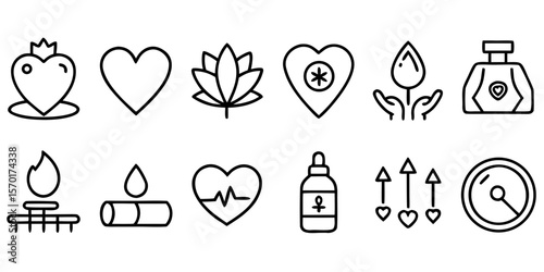 Collection of health and wellness icons featuring hearts lotus and medical symbols isolated on white background