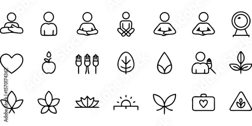 Collection of simple line art icons representing wellness health and nature isolated on white background